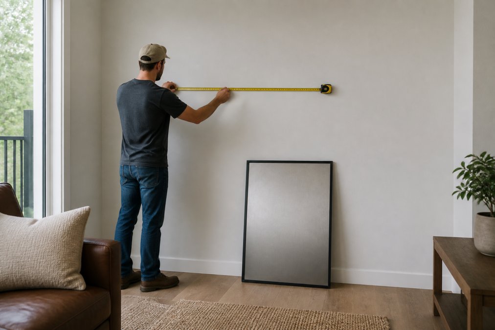 A homeowner holding a tape measure against a blank living room wall, with a framed metal sign resting on the floor nearby to compare scale