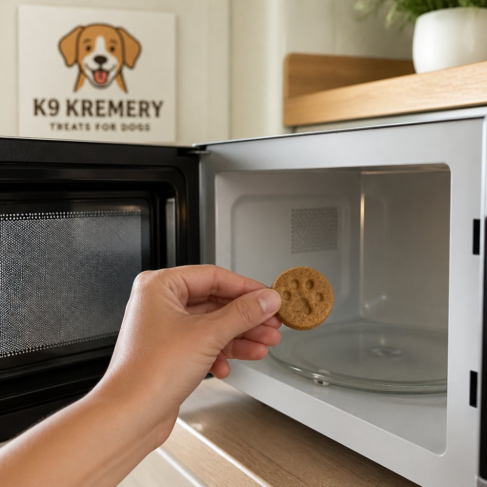 Step-by-step guide showing how to safely place a homemade dog treat into a microwave for heating