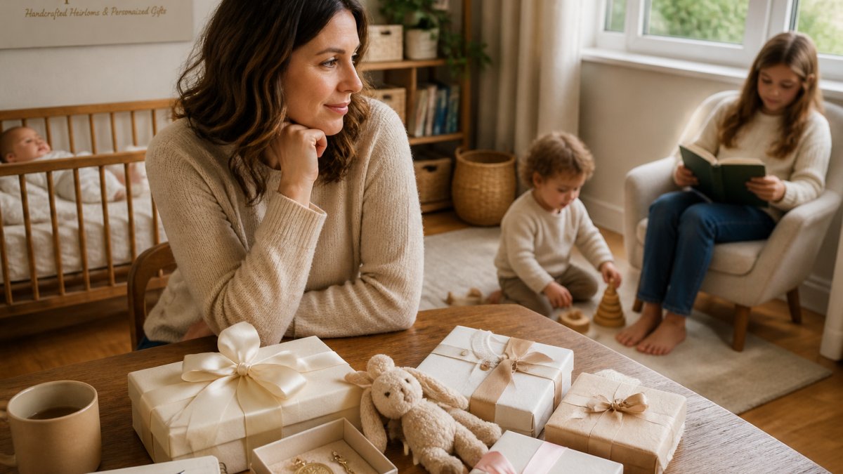 Parent or grandparent thoughtfully selecting a gift while observing children of different ages (infant in crib, toddler playing, school-age child reading) in a warm home setting with natural window light