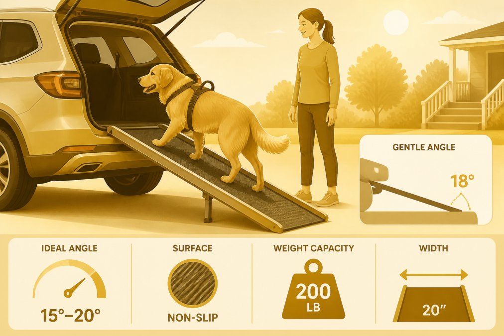 Medium-sized arthritic dog using a ramp to enter a vehicle, showing the ramp's gentle angle and the dog's relaxed posture during the transition, with owner standing nearby on a sunny day