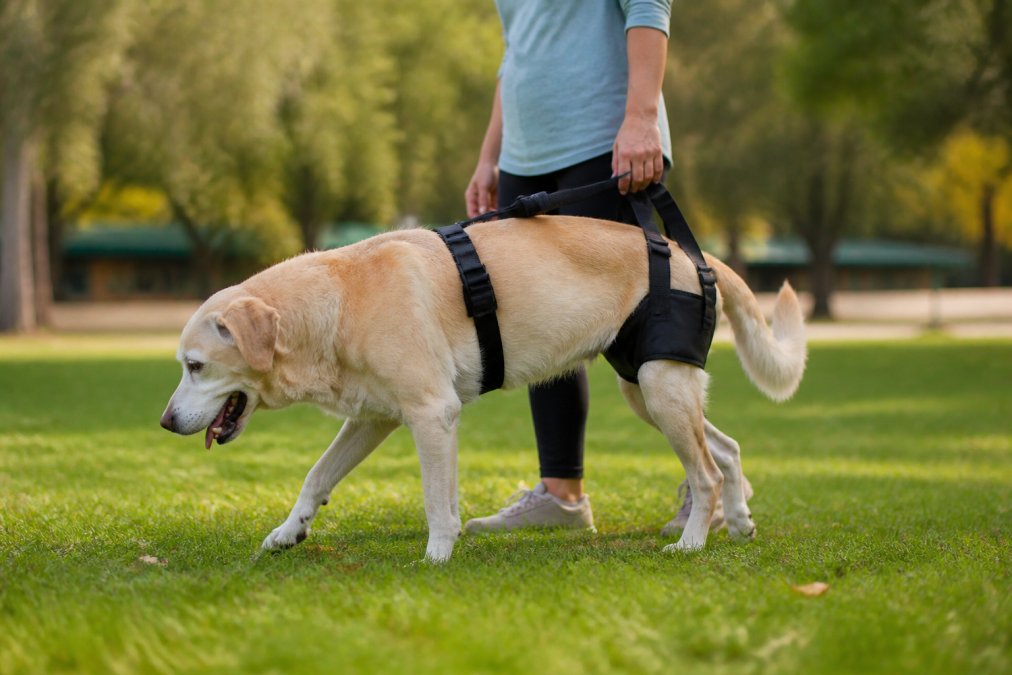 Senior dog wearing a rear-end support harness while walking on grass with owner nearby, demonstrating proper fit with comfortable gait and relaxed posture in natural daylight