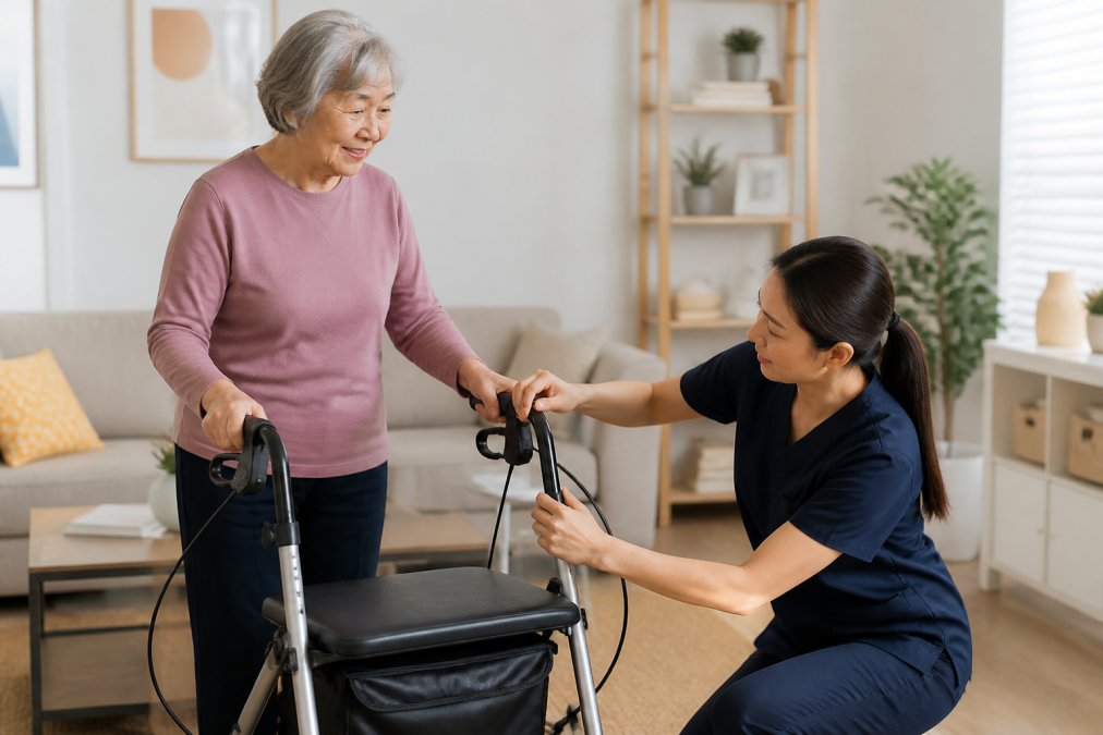 Caregiver adjusting the handle height of a rollator for a senior woman to ensure proper wrist alignment