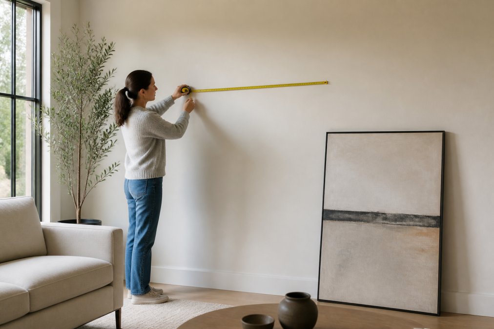 A woman holding a retractable tape measure against a blank living room wall, comparing it to a large framed canvas leaning nearby, afternoon light through a window