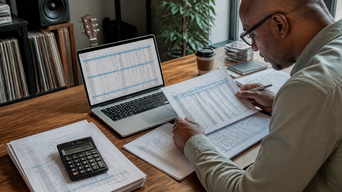A label manager at a desk comparing royalty statement spreadsheets on a laptop screen, with printed payout reports and a calculator nearby in a home studio office