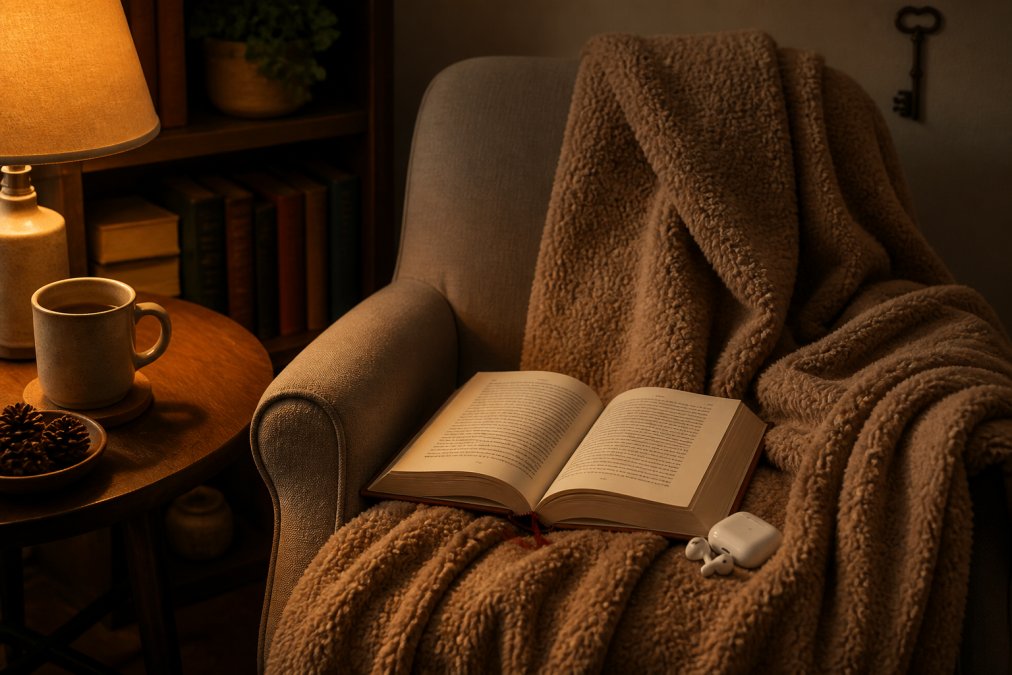 Cozy reading nook with an open mystery novel, wireless earbuds, and a warm blanket draped over a comfortable armchair in warm evening lamplight