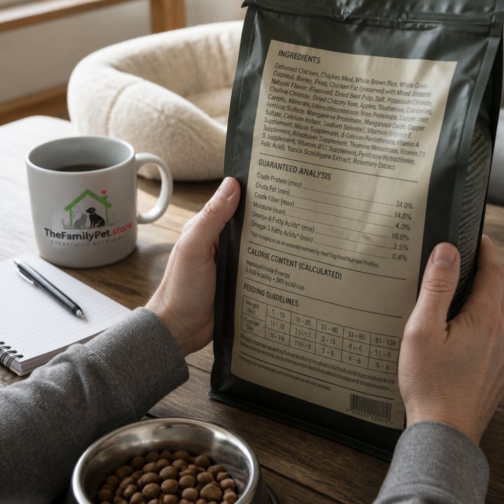 Pet owner reading the ingredient list and guaranteed analysis on a dog food label