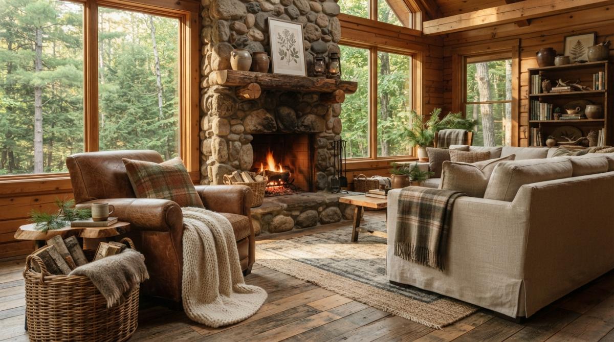 Cozy cabin living room with layered natural textures, woven baskets beside a wooden chair, soft cream throw draped over seating, and natural stone fireplace surround with warm afternoon light streaming through forest-view windows