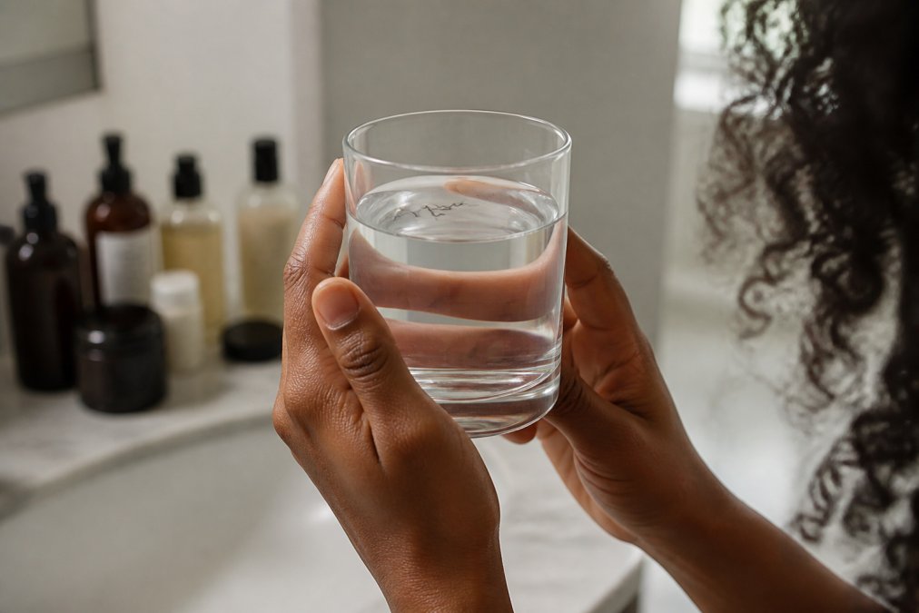 Woman performing a hair porosity test by dropping a strand of curly hair into a clear glass of water