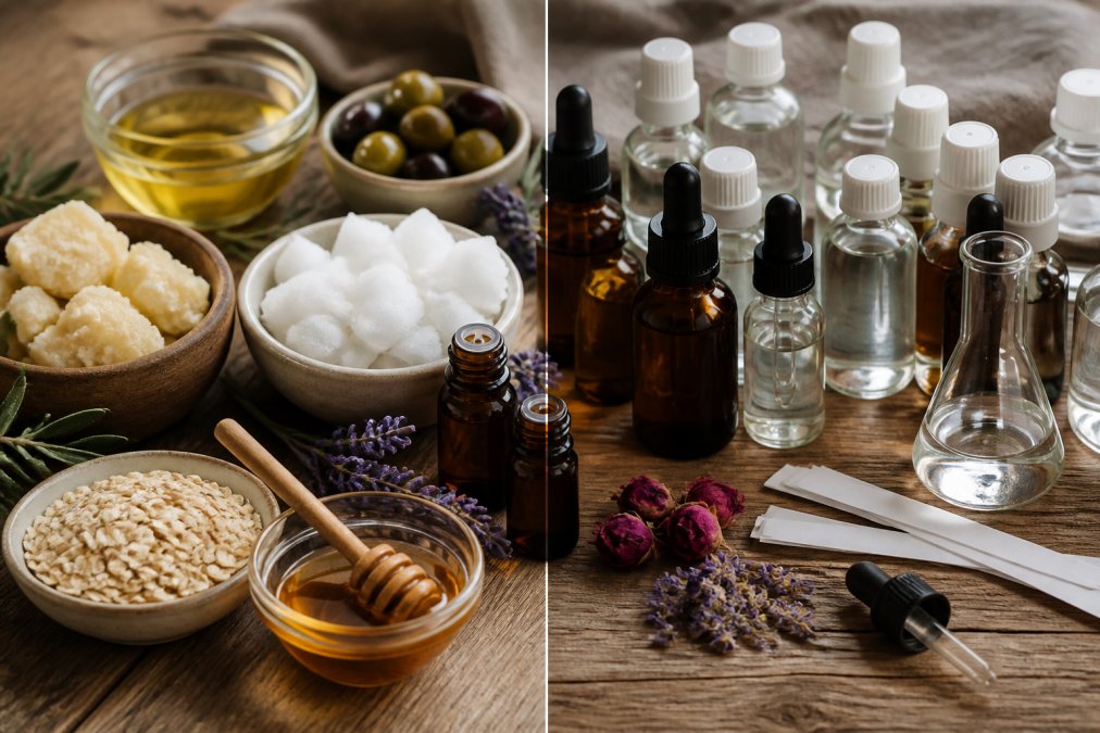 Close-up of natural soap ingredients laid out on a wooden surface: shea butter, olive oil, coconut oil, oats, honey, and essential oil bottles arranged with fresh botanicals and lavender sprigs