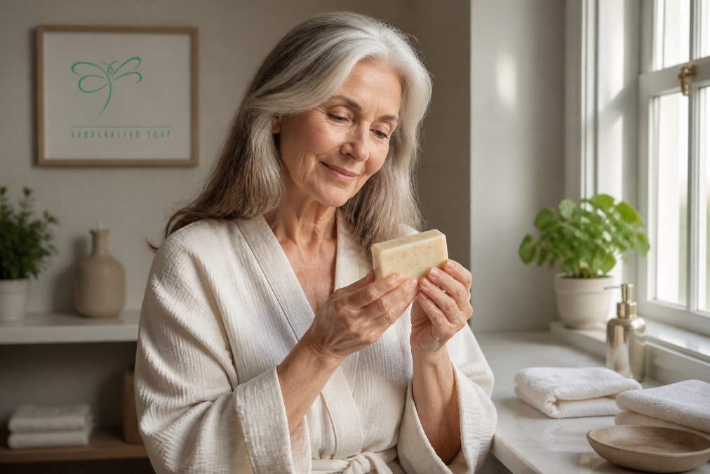 A silver-haired woman holding a bar of natural soap for mature skin in a sunlit bathroom