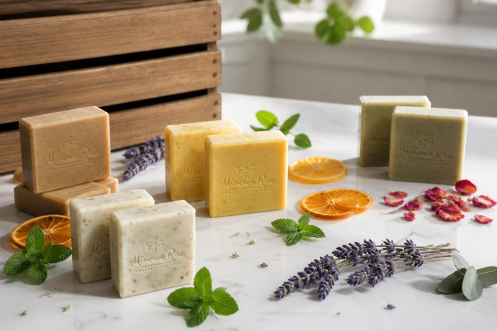 Artisanal soap bars arranged by scent family on a marble surface, displaying warm earth tones, citrus yellows, and herb greens, with fresh botanicals like lavender sprigs, dried citrus slices, and rose petals scattered between bars in natural window light