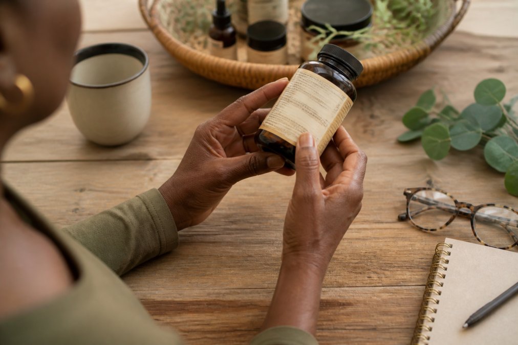 Close-up of hands holding a supplement bottle and examining detailed label information under natural lighting, with reading glasses nearby on a wooden surface