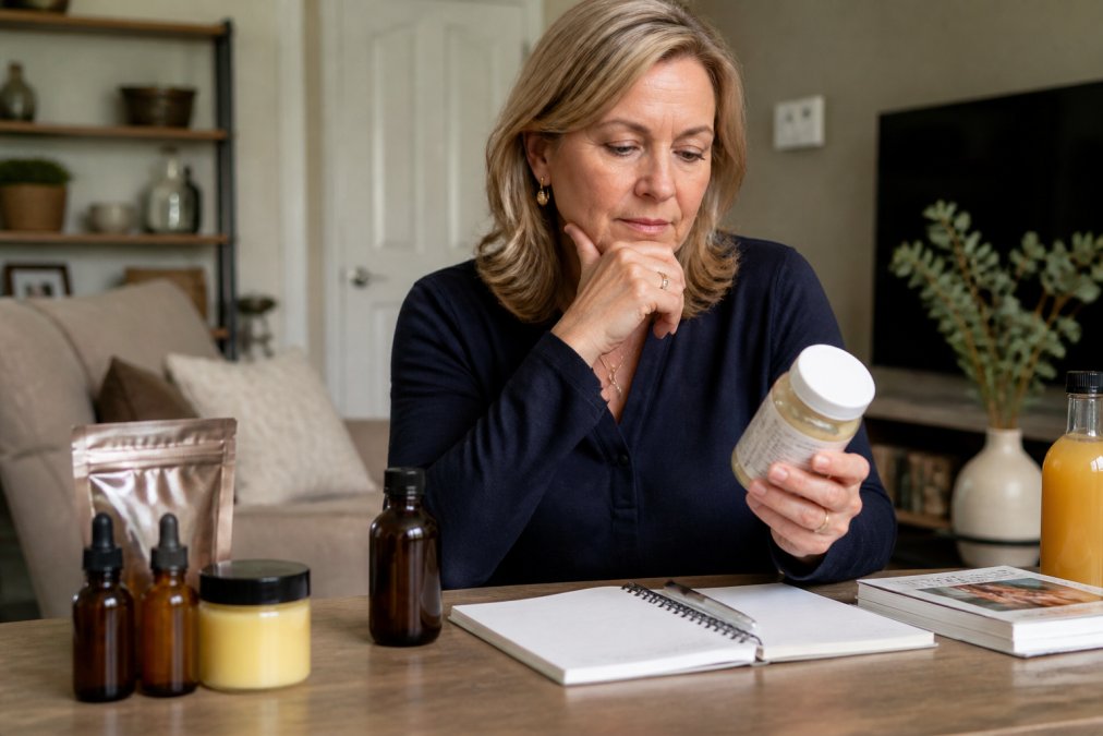 A woman in her 50s at home reviewing various wellness products on a table, with a notebook and pen, appearing thoughtful and informed as she reads product labels