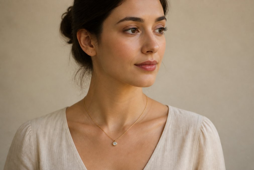 A woman with a neutral expression wearing a single delicate pendant necklace at collarbone length, photographed against a soft beige studio background with gentle natural lighting