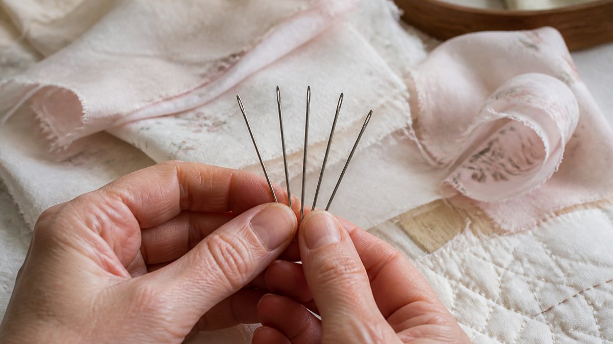 Infographic comparing hand quilting needle sizes 8 through 12 for sewing delicate silk and cotton fabrics