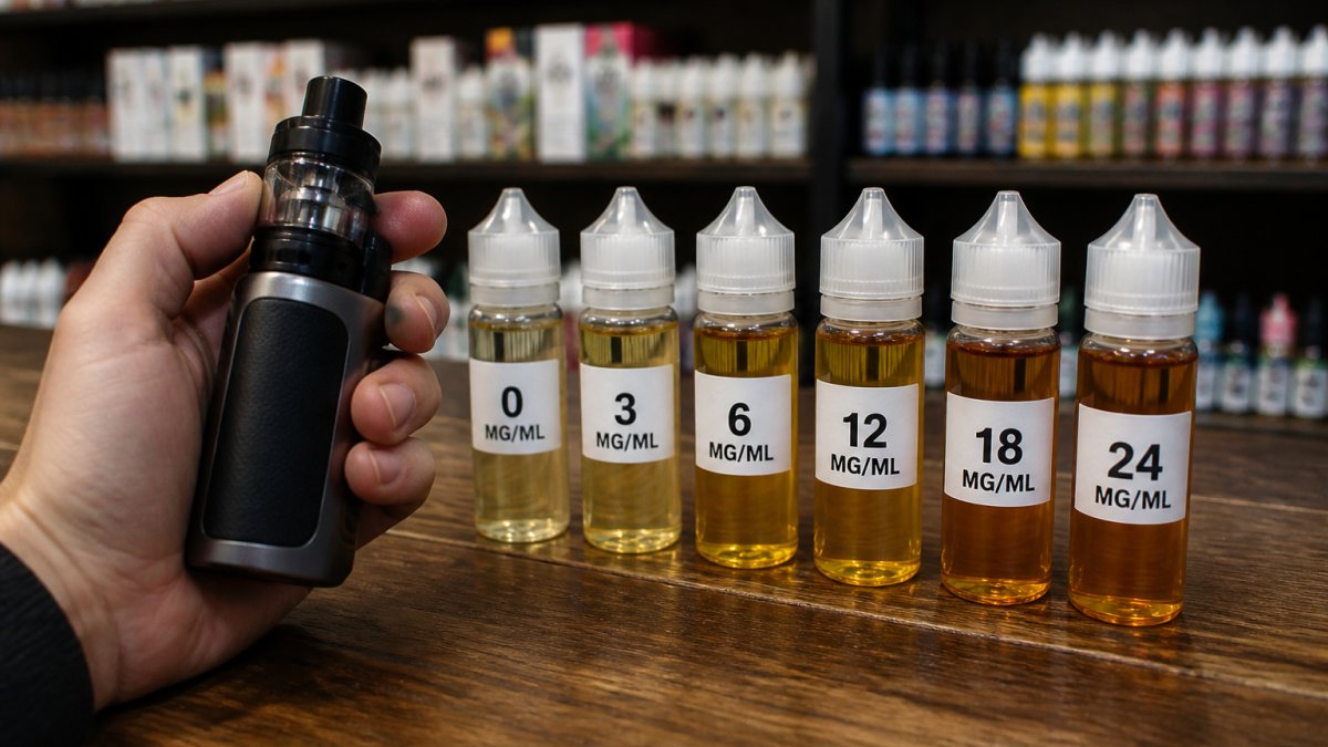 Close-up of a hand holding a vape device with several e-liquid bottles displayed on a wooden surface, showing different nicotine strength labels clearly visible