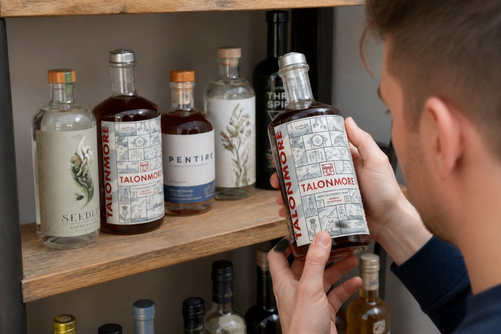 Close-up of someone examining bottles of non-alcoholic spirits on a shelf, reading labels carefully and comparing botanical ingredients listed on different bottles in natural light
