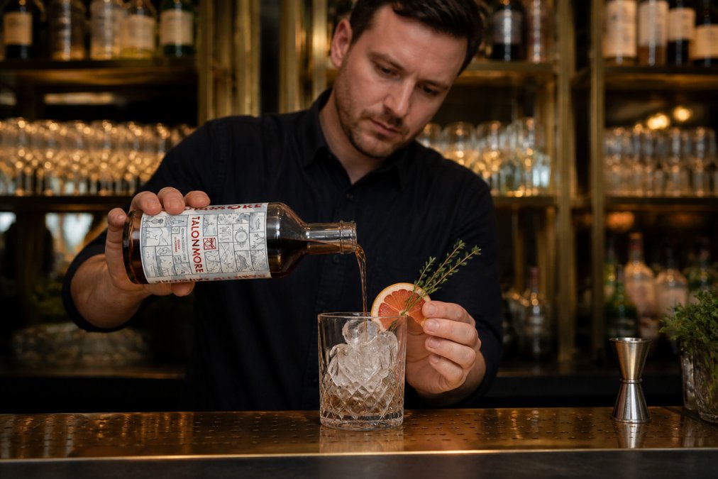 Bartender in professional bar setting carefully pouring a non-alcoholic spirit over ice into a crystal glass, adding fresh citrus garnish and herbs, with warm ambient lighting