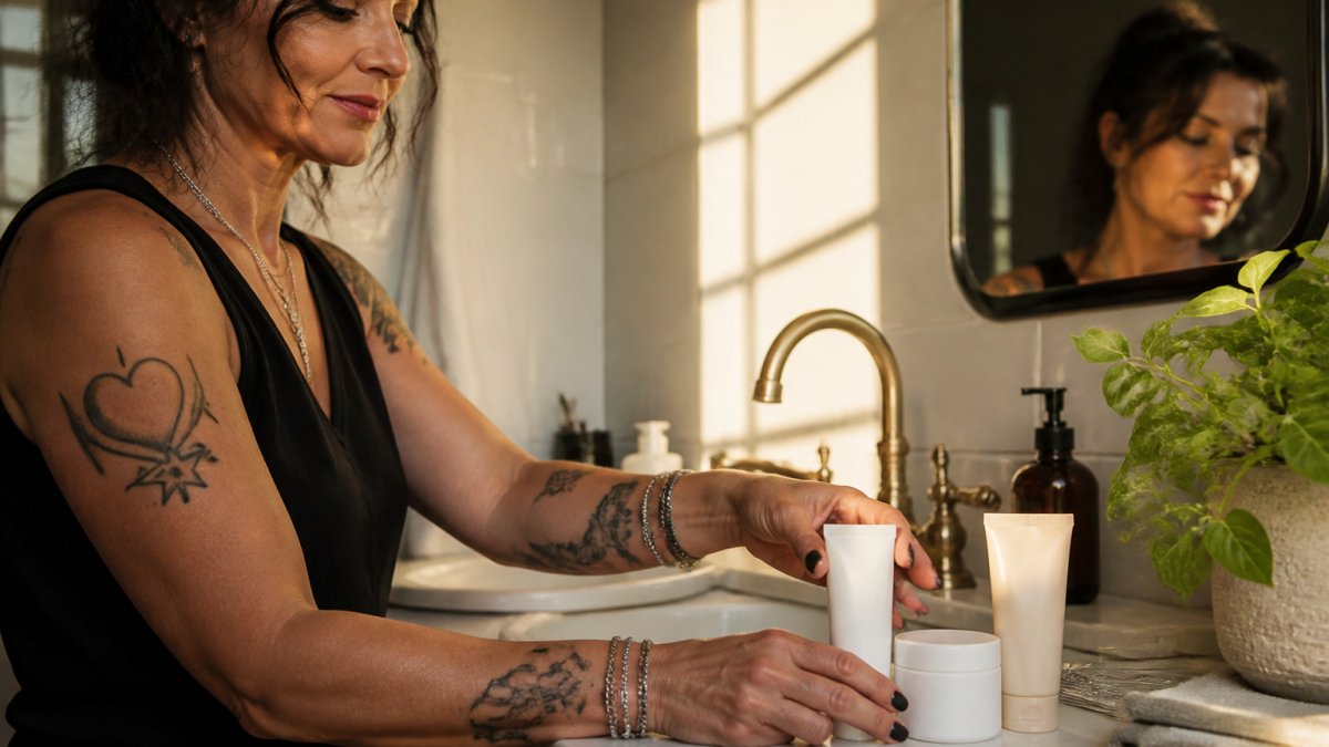 A woman in her forties arranging cleanser, moisturiser and sunscreen in a bright bathroom.