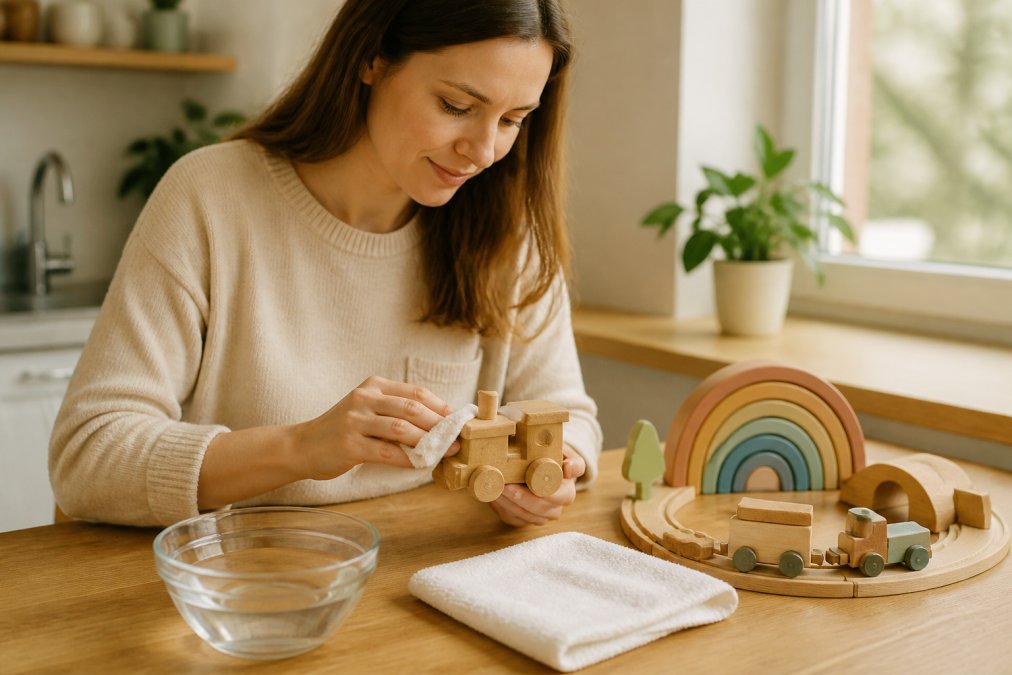 A parent gently wiping a small wooden toy with a damp cloth at a kitchen bench, a bowl of water and a clean white towel nearby, warm natural light from a window