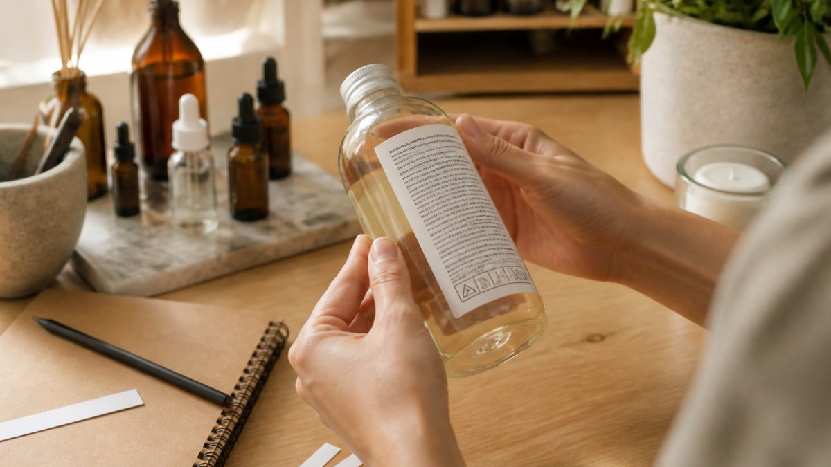 Close-up of hands holding a home fragrance product bottle, examining the ingredient label and warning text in natural light