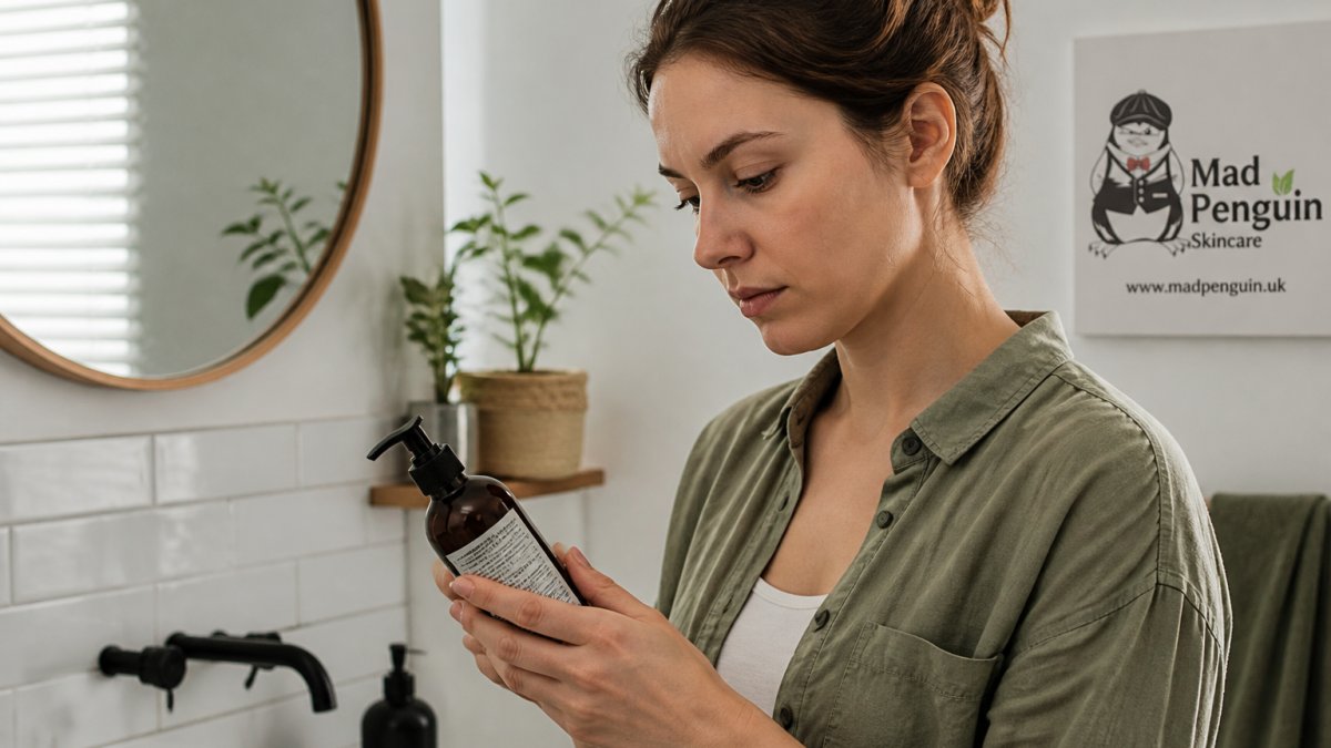 Close-up of a woman holding a skincare bottle and reading the ingredient list in a bright bathroom
