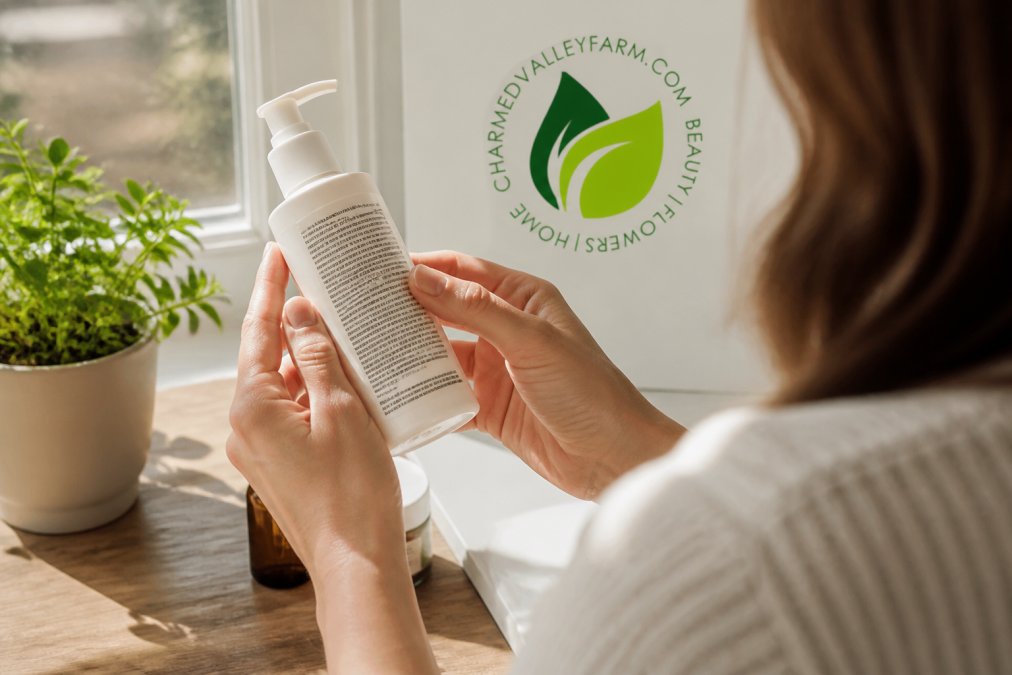 Close-up of a woman's hands holding a skincare bottle up to natural window light, reading the ingredient list on the back label, with a wooden table and small green plant nearby