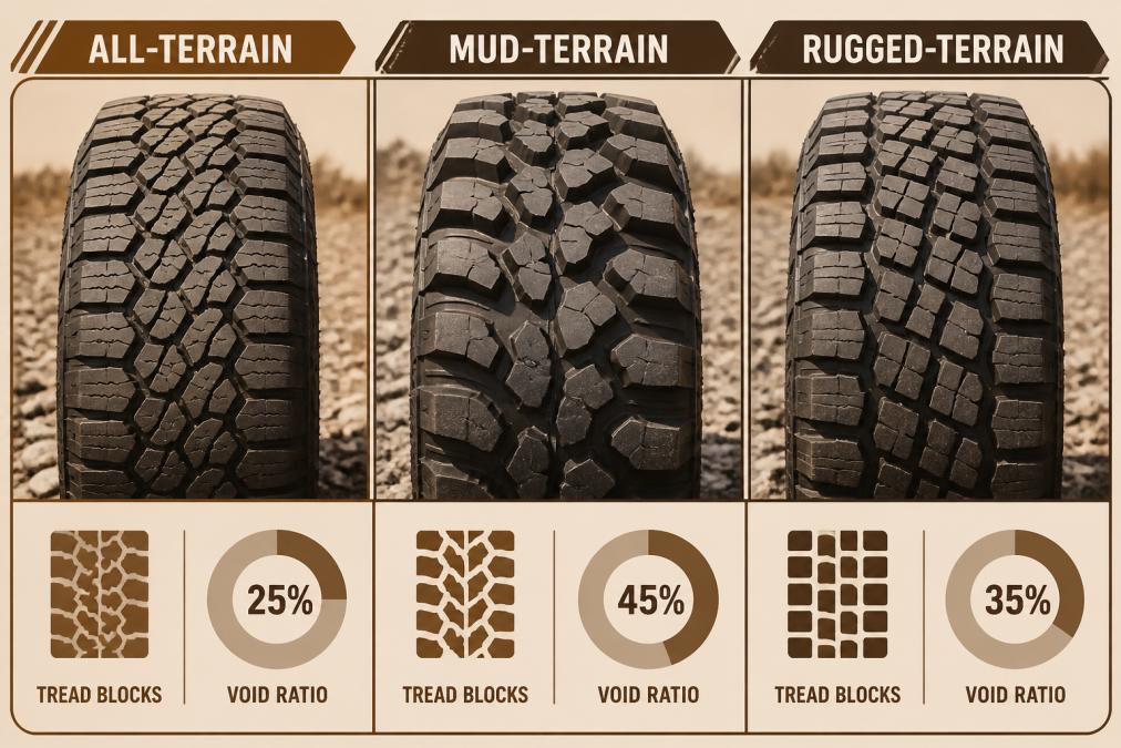 Comparison of tread patterns and void ratios for all-terrain, mud-terrain, and rugged-terrain off road tires