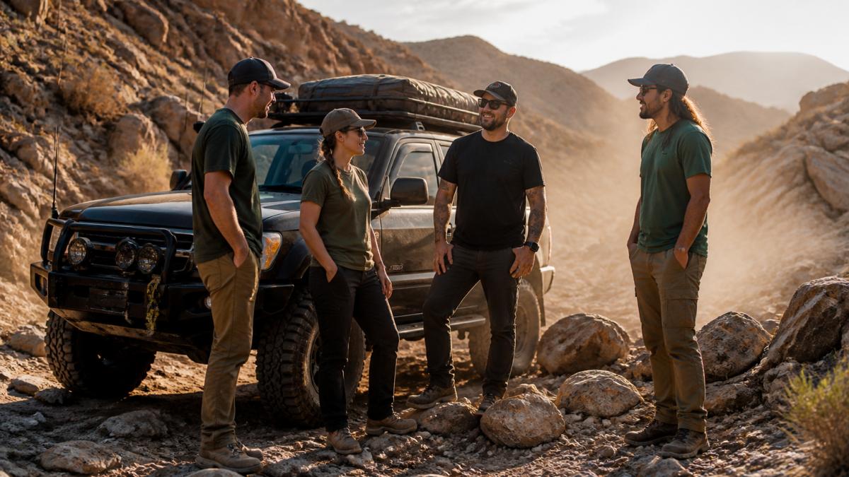 A group of off-road riders in casual trail apparel standing beside a modified 4x4 on a rocky desert trail, dust in the air, late afternoon light
