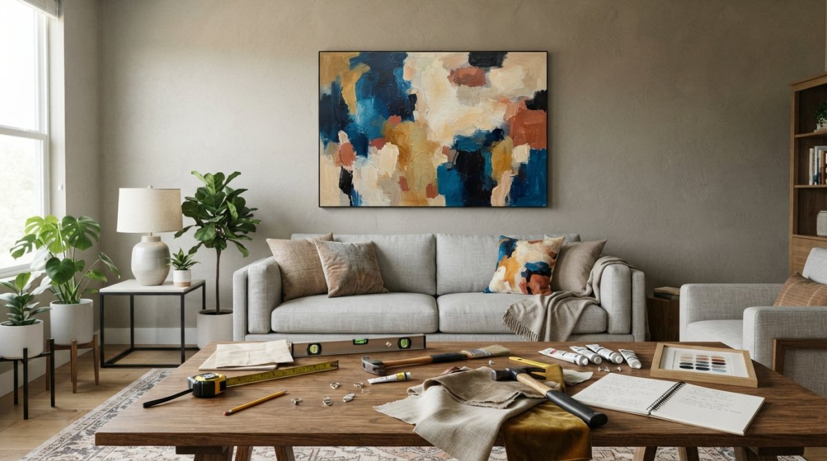 Modern living room with a large original abstract painting in warm earth tones hanging above a neutral linen sofa, natural light from a window illuminating the canvas, showing proper spacing and visual weight distribution