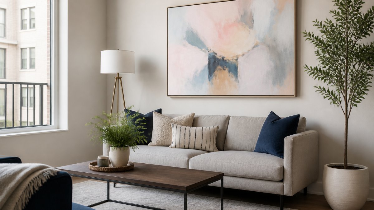 Bright, modern apartment living room with a single large original artwork hung above a sofa, showing how a statement piece anchors the space and complements the room's color palette and furniture