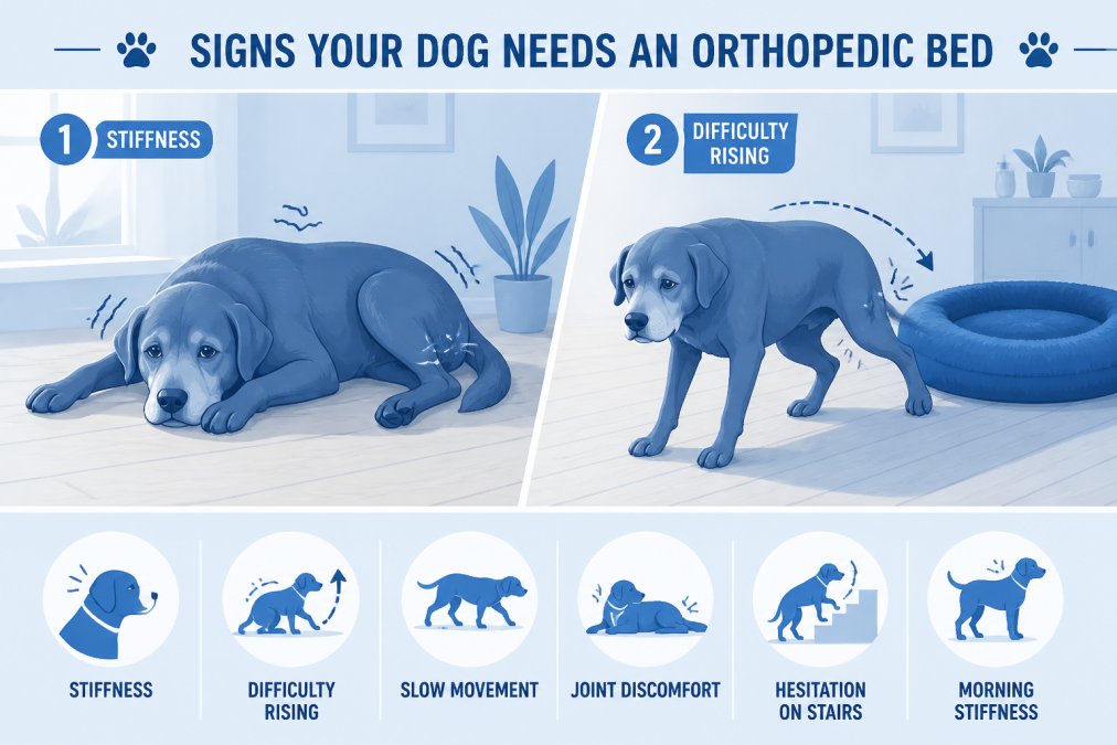 Senior dog lying down on hardwood floor showing visible stiffness, with difficulty rising from resting position, natural home lighting