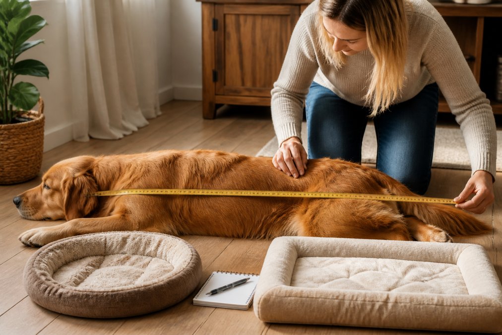 Pet owner measuring dog with measuring tape from nose to tail while dog lies flat on floor, natural home lighting