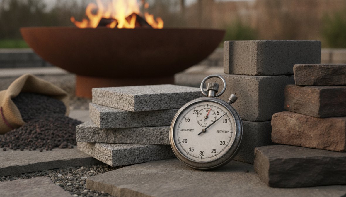 Close-up overhead view of four different fire pit materials, powder-coated steel, stone, cast aluminum, and concrete, arranged in a backyard patio setting with natural afternoon lighting