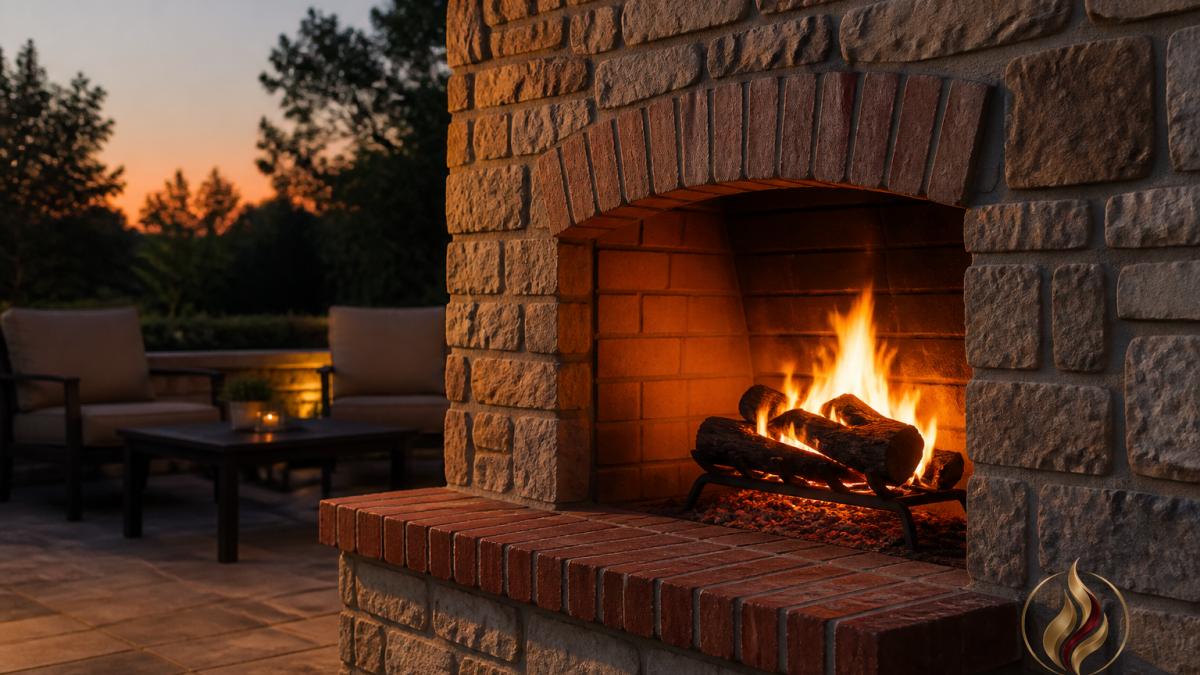 A close-up outdoor photograph of a stone and brick outdoor fireplace on a patio at dusk, showing the masonry texture and a lit fire inside, with a seating area softly blurred in the background