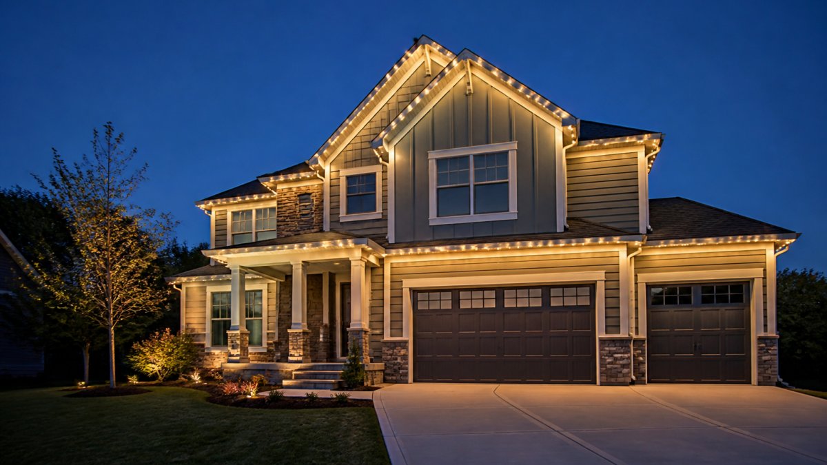 A two-story suburban home at dusk with subtle warm-white architectural lighting along the roofline and soffits, clean and natural-looking, no visible wires