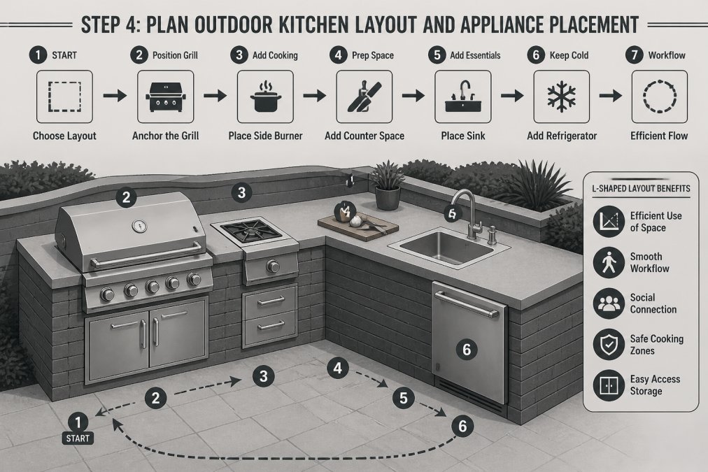 Professional outdoor kitchen with built-in stainless steel gas grill, side burner, concrete countertop with prep space, refrigerator drawer, and sink arranged in efficient L-shaped layout during daylight, showing organized workflow