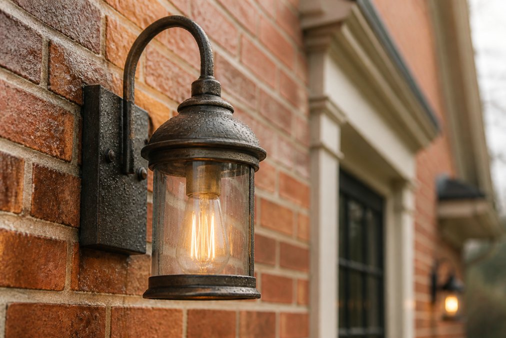 Close-up of a powder-coated brass outdoor wall sconce mounted on a brick home exterior, with morning dew on the fixture and crisp architectural details in the background