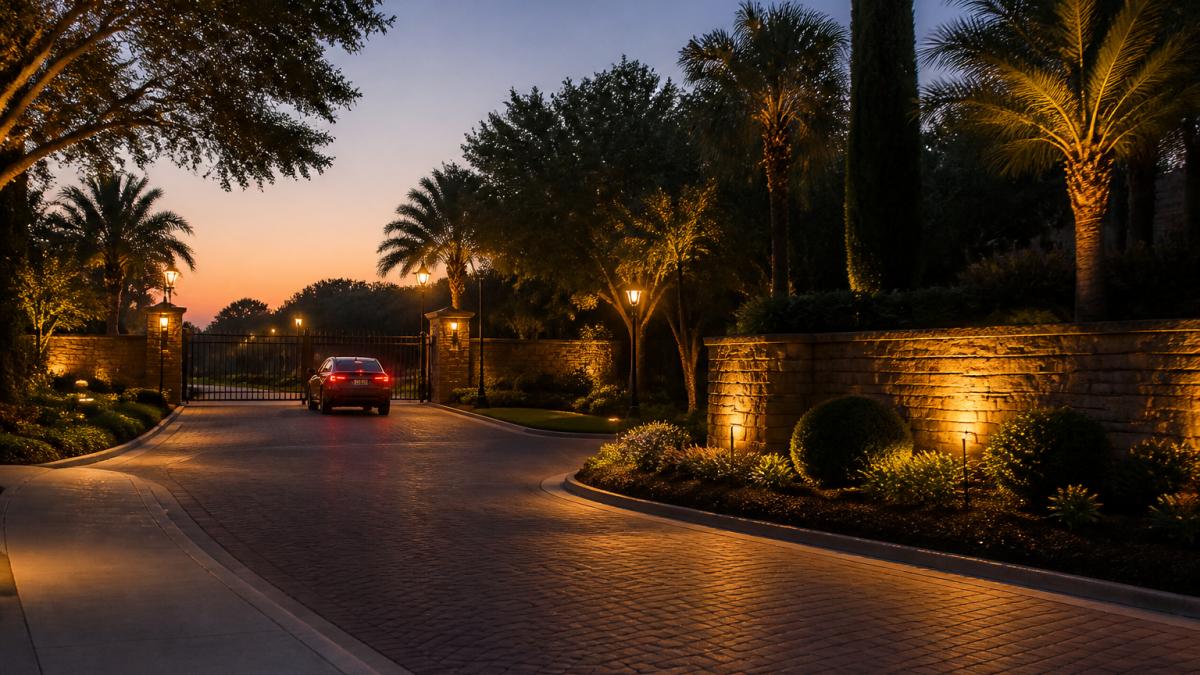 A car approaches a stone-and-iron entrance at dusk with warm gated community lighting illuminating the signage.