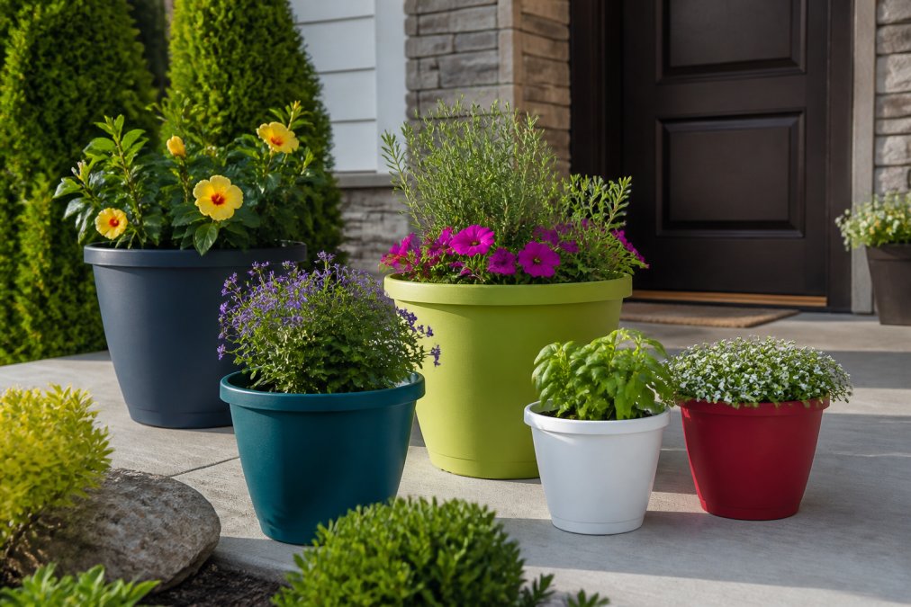 Residential patio displaying multiple colorful plastic planters with vibrant flowers and herbs in graduated sizes, arranged near an entryway with natural sunlight illuminating the containers and surrounding landscaping