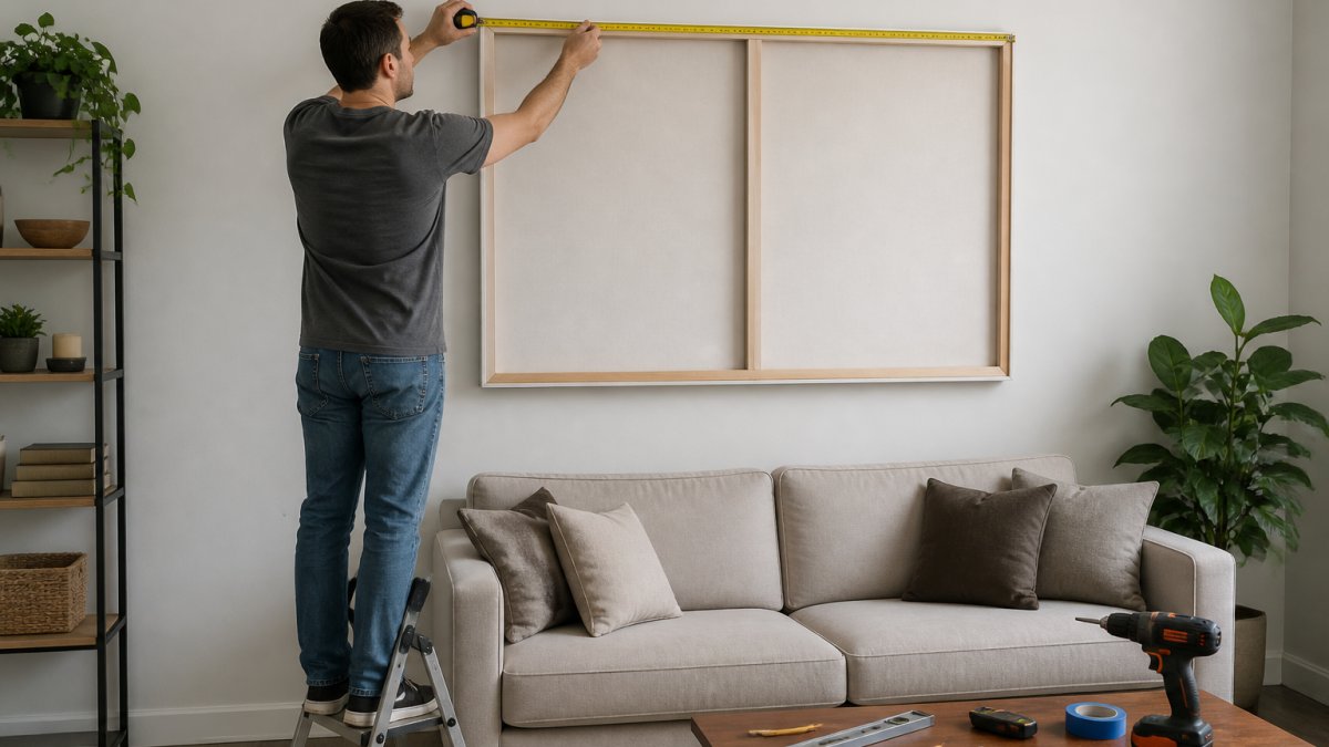 A person standing on a step stool holding a large stretched canvas against a living room wall, checking the height with a tape measure, with a sofa and coffee table visible below