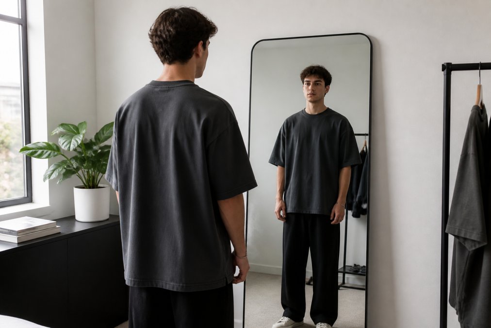 A young man wearing a heavyweight oversized t-shirt stands facing a mirror in a bright, minimal room. His hands are relaxed at his sides, showing where the dropped shoulder seam falls on his upper arm and where the hem sits on his hip. The fabric drapes straight down with visible structure.