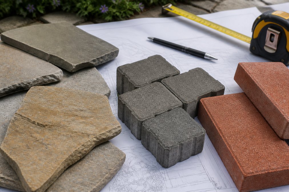 Close-up of various paver samples including natural stone flagstone, interlocking concrete pavers, and clay brick arranged on a landscape design plan with measuring tools