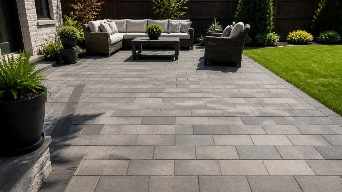 Small backyard patio with running bond pattern pavers in neutral gray tones, showing clean lines and visual expansion effect, afternoon sunlight casting subtle shadows across the hardscape