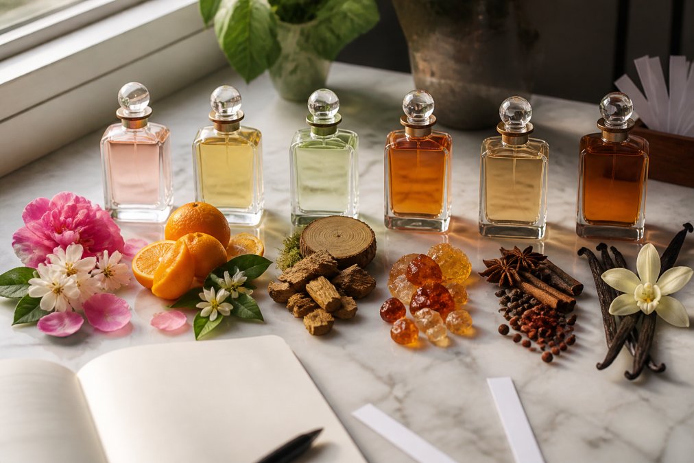Close-up of fragrance bottles arranged by family type, floral blooms beside citrus fruits, woody materials, amber and spice elements, and vanilla pods, displayed on marble with natural window lighting