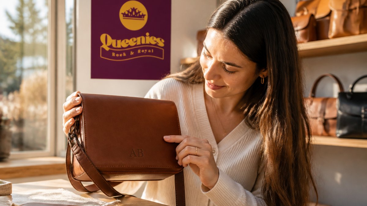 Woman admiring a personalised leather bag in natural sunlight, closely examining the customised initials embossed on the front, showing genuine appreciation for the quality detail