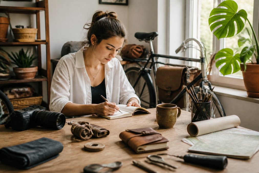 Person thoughtfully writing notes in a journal while surrounded by items reflecting hobbies and interests, natural lighting streaming from a nearby window