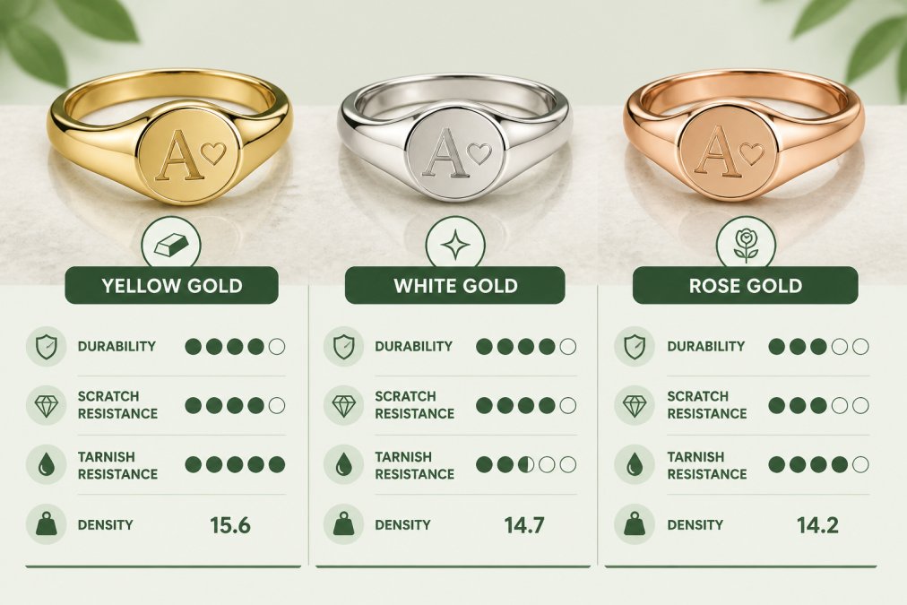 Close-up of three personalized rings displayed on a neutral surface, one in yellow gold with warm luster, one in white gold with bright silvery finish, and one in rose gold with pinkish warm tone, showing distinct color differences and reflective qualities of each metal