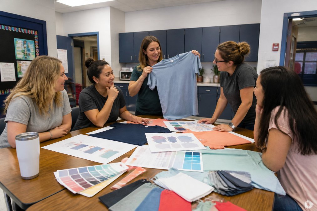 A group of teachers in a school lounge reviewing fabric swatches and design printouts on a table, one holding a t-shirt up to compare colors under fluorescent lighting