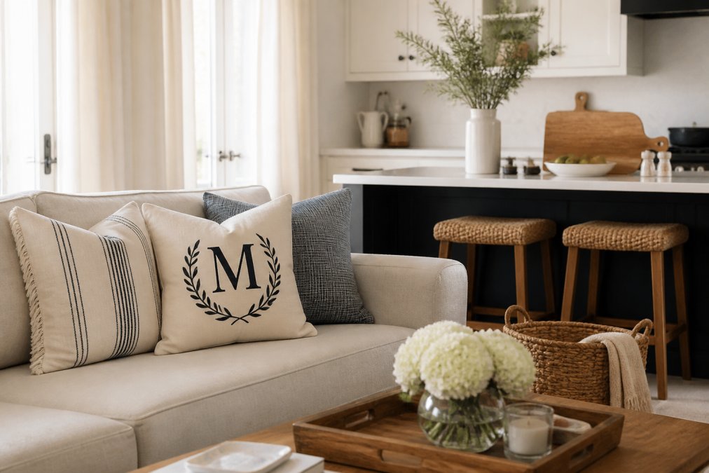Monogrammed throw pillow and cutting board as personalized wedding gifts in a bright, modern living room.